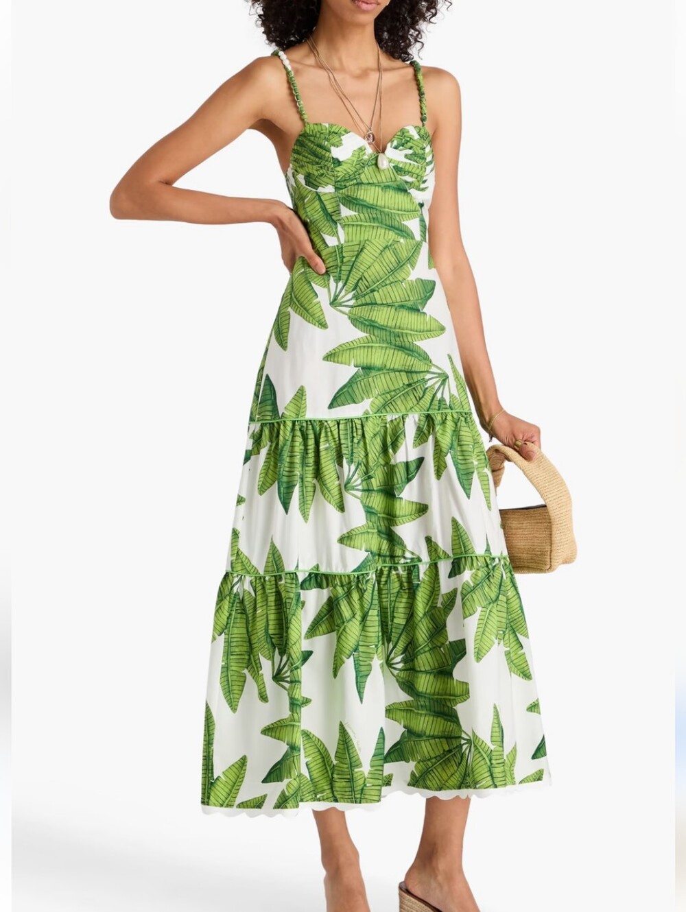 FARM Rio White Maxi Dress with Green Leaf Print